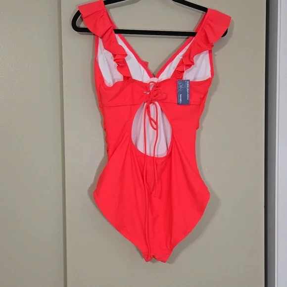 SummerMae Ruffled V-Neck Swimsuit in Bright Coral SIZE L NWT - Picture 2 of 5